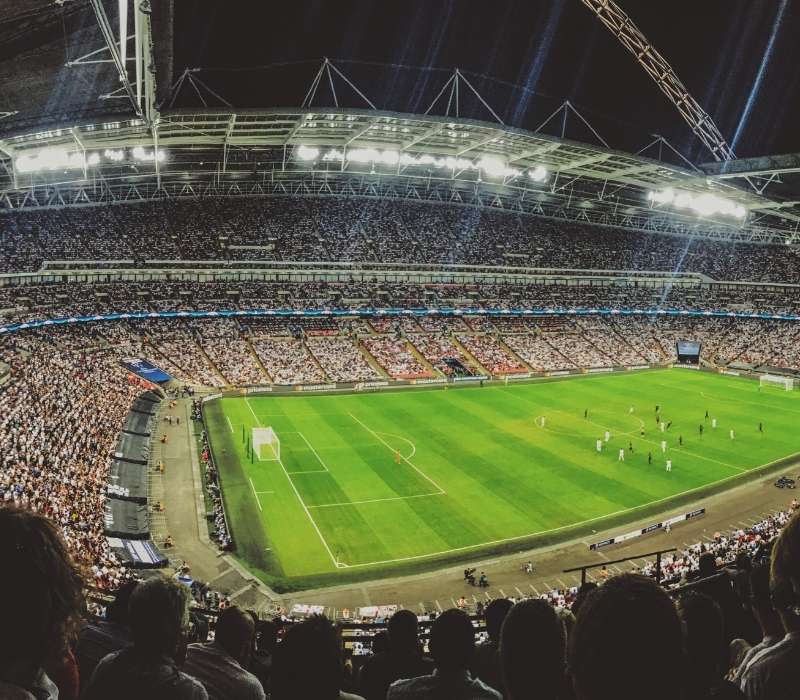 Premier League soccer field and stadium during a live EPL match