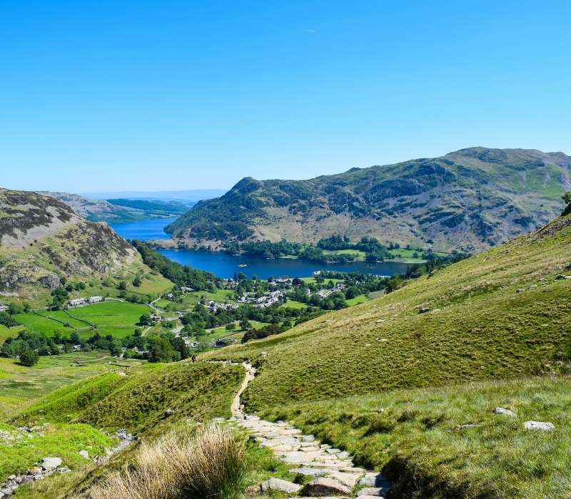Scenic Lake District hiking trail through mountains and countryside, England
