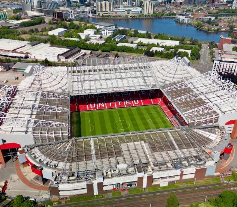 Aerial view of Old Trafford football stadium in Manchester, England